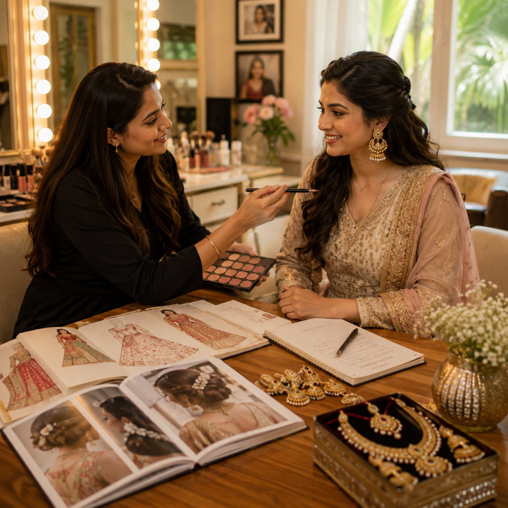 How to Choose the Best Bridal Makeup Artist in Mandya 4 Bride discussing bridal makeup look with professional makeup artist in Mandya 1024x1024