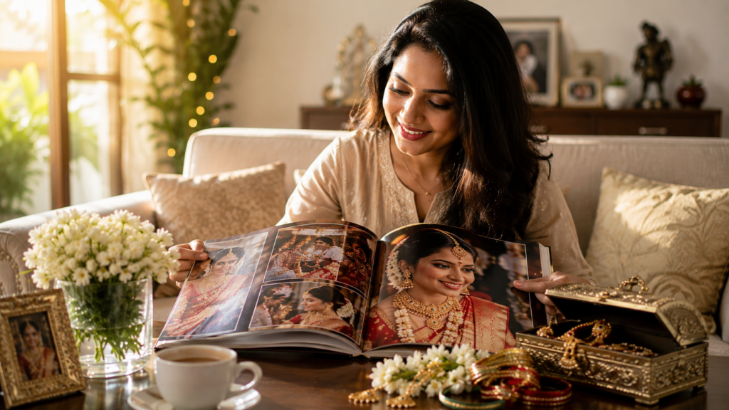 How to Choose the Best Bridal Makeup Artist in Mandya 6 Bride smiling while looking at wedding photographs after choosing the right bridal makeup artist 1 1024x576