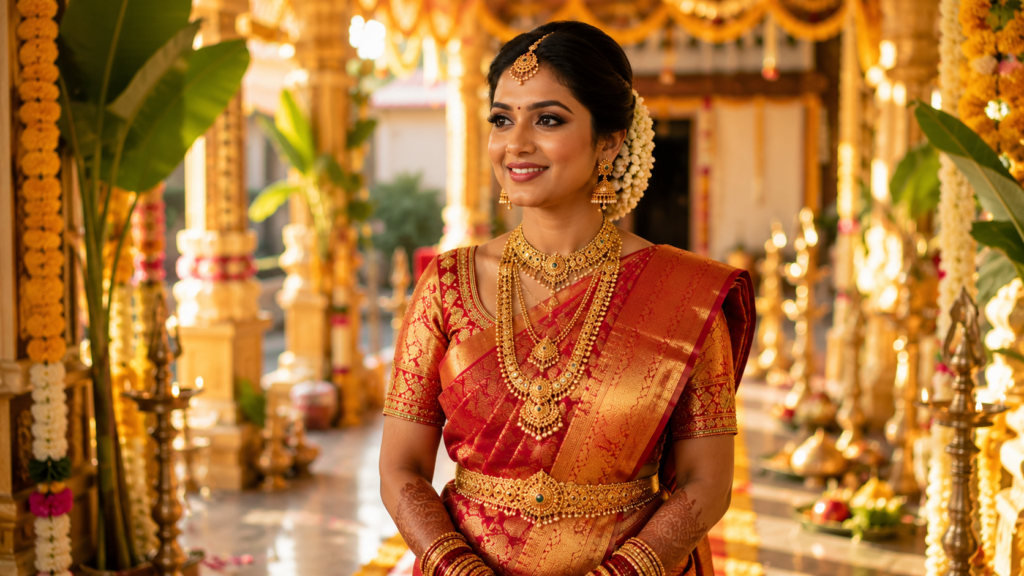 How to Choose the Best Bridal Makeup Artist in Mandya 5 Confident South Indian bride ready for wedding ceremony in Mandya 2 1024x576